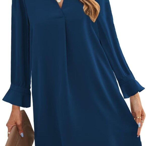 Dresses & Skirts - Women's Summer Casual V Neck Shift Dress Long Sleeve Polyester Size Large